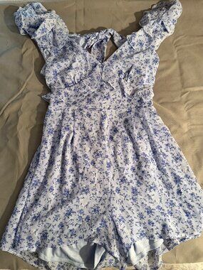 Francesca's White with Blue Flowers Jumpsuit